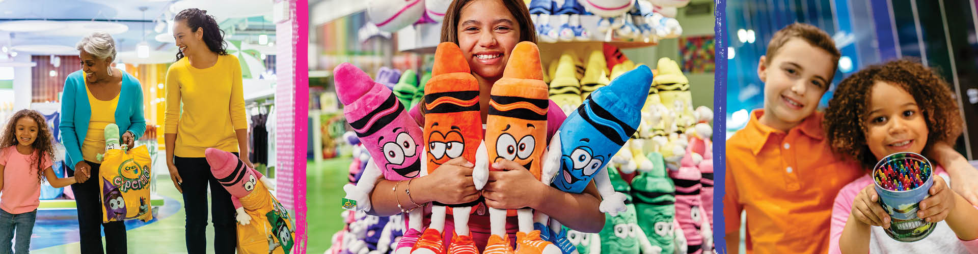 Child holding armful of colorful plush