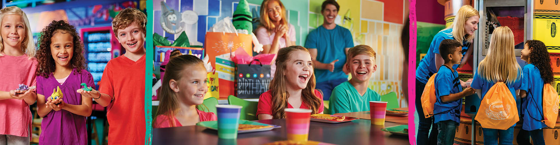 Kids at a party and holding crafts